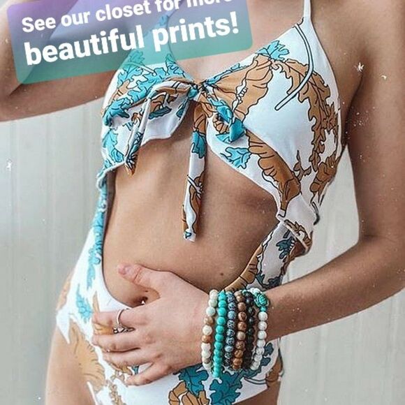 JR Retro Gold and Floral Cut Out Tie Front Monokini XL - Picture 9 of 9